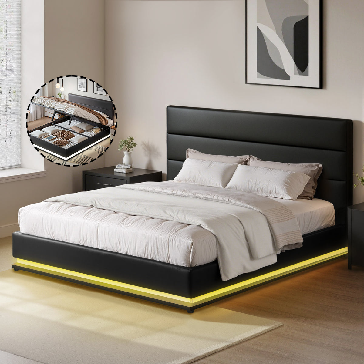 Lumi Queen Size Gas Lift LED Storage Bed Frame Black