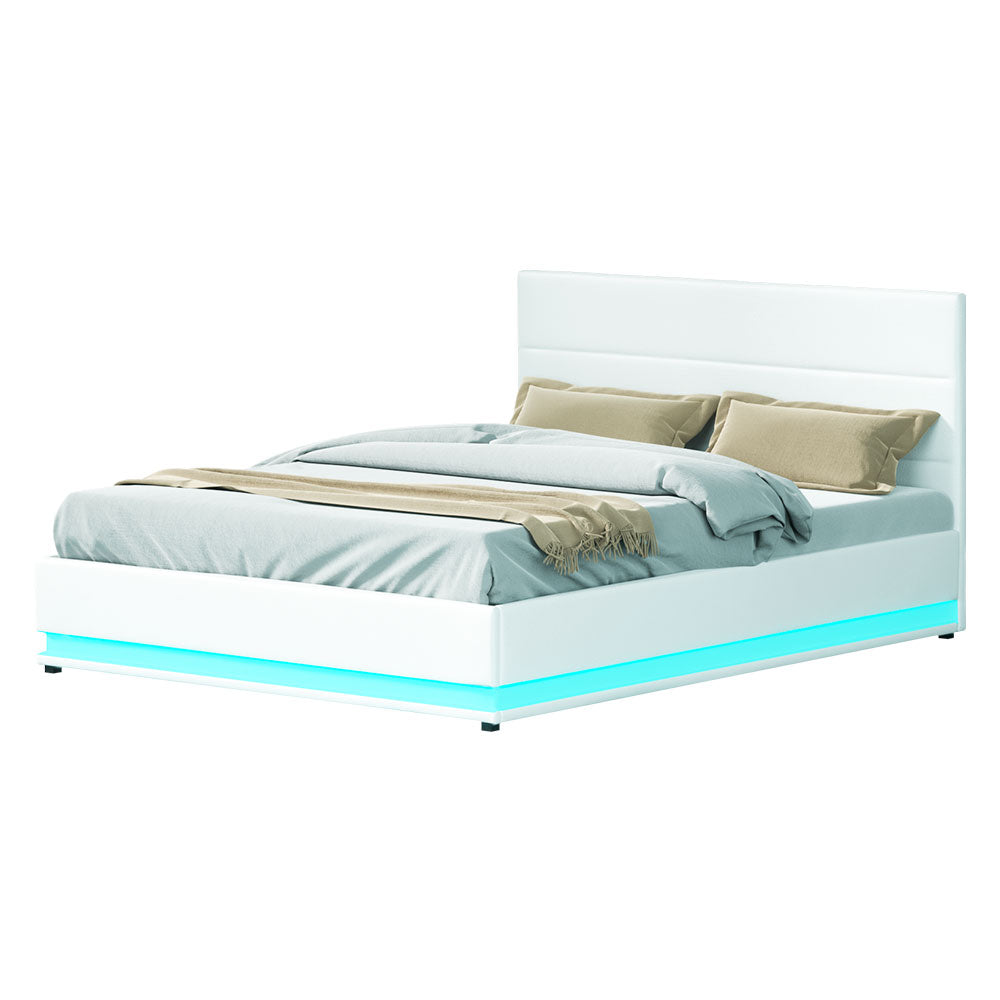 White Queen Size Gas Lift Bed Frame, LED, Storage | Artiss