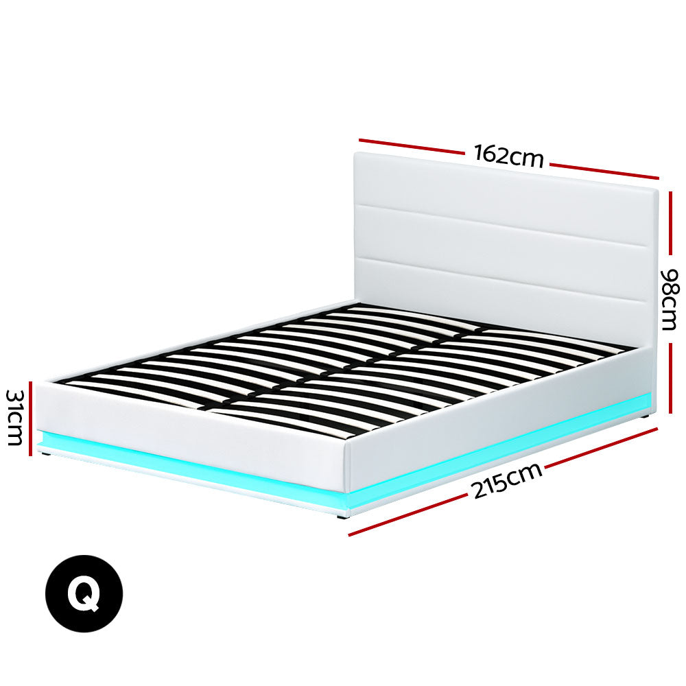 White Queen Size Gas Lift Bed Frame, LED, Storage | Artiss