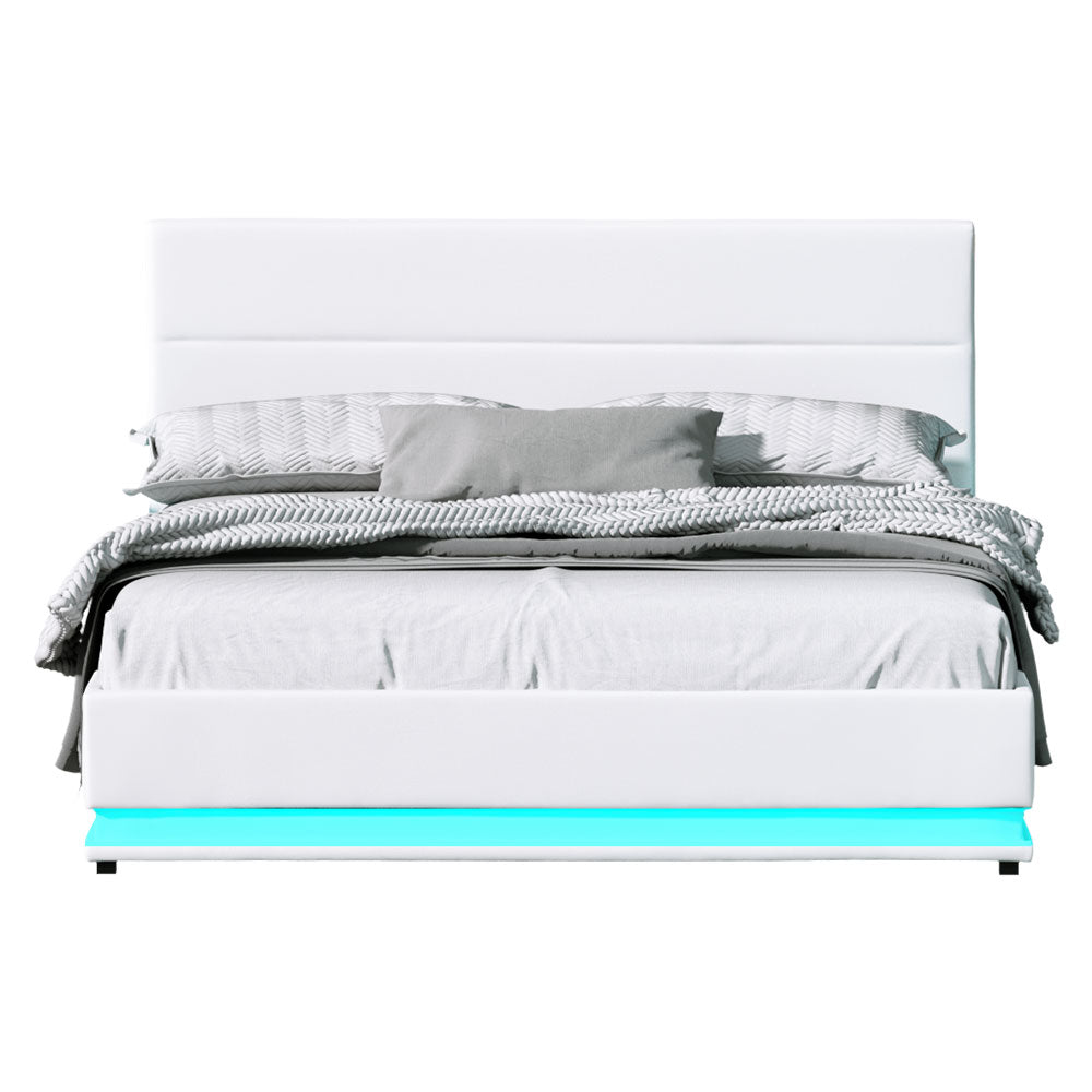 White Queen Size Gas Lift Bed Frame, LED, Storage | Artiss