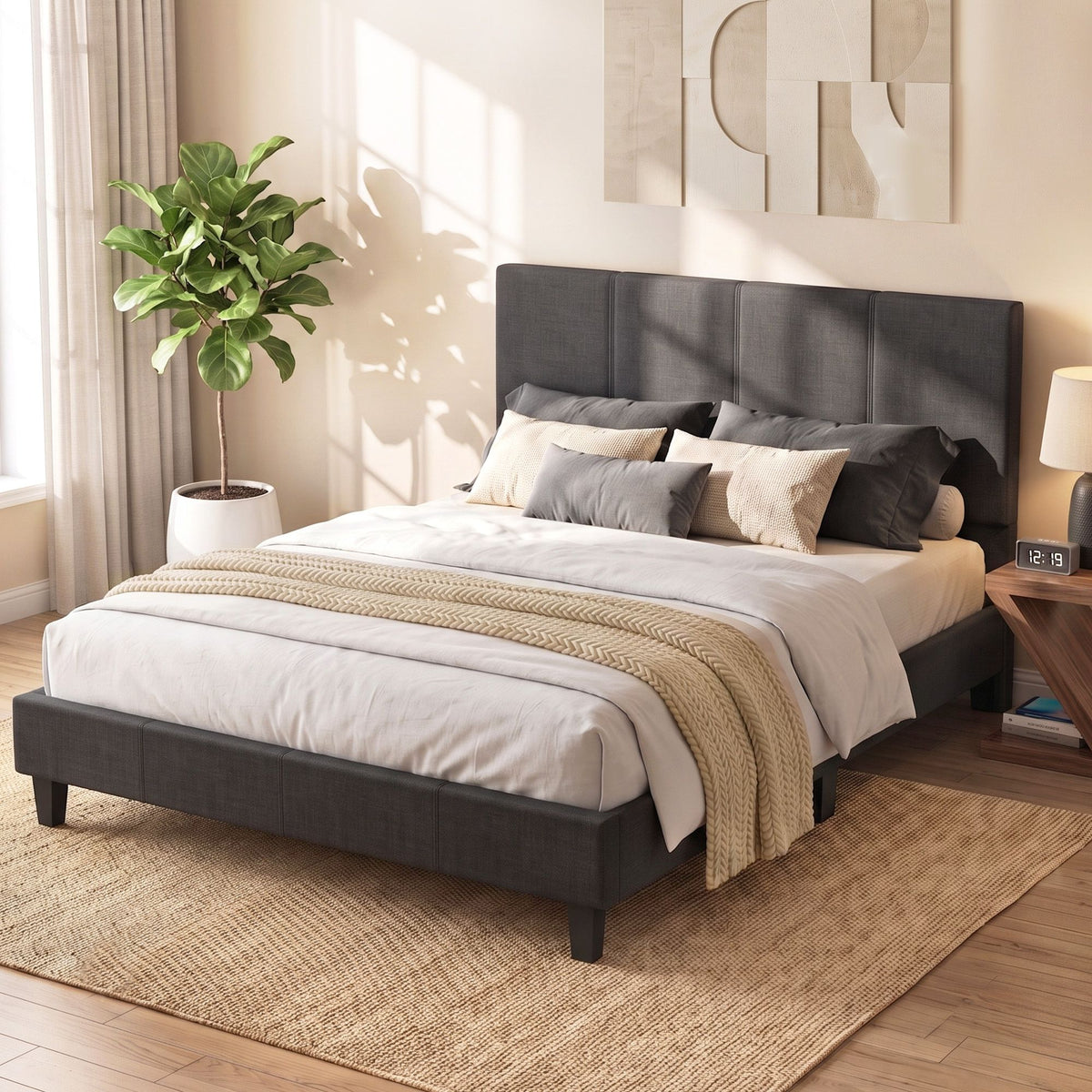 Neo Queen Upholstered Bed Frame with Padded Bedhead Charcoal