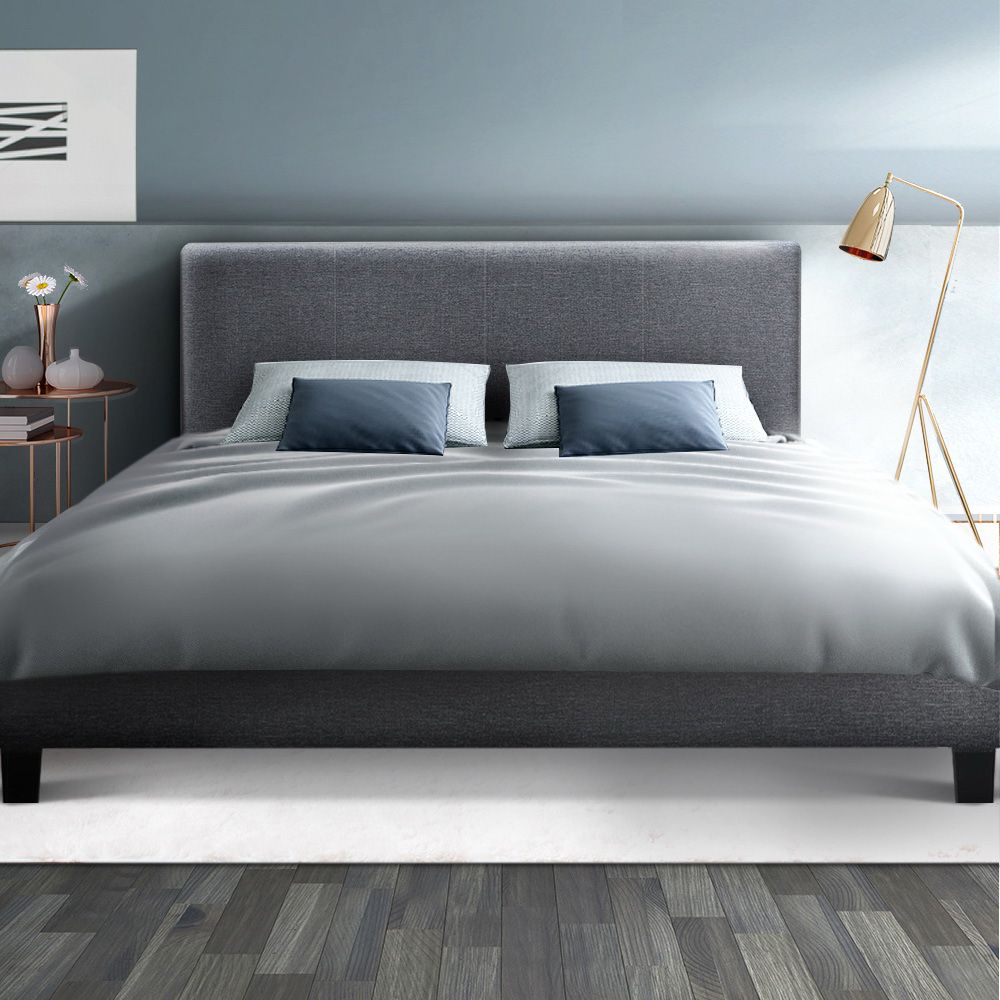 Neo Queen Size Bed Frame Grey Upholstered Faux Linen