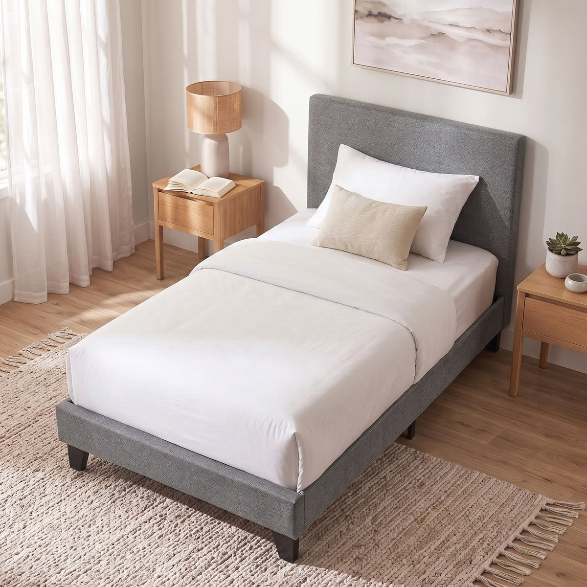 Neo Single Size Upholstered Bed Frame Grey Faux Linen