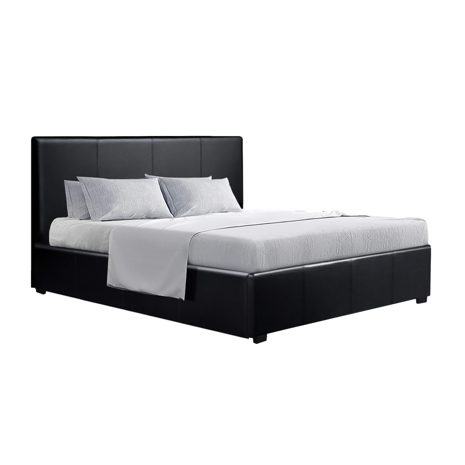 Nino Queen Bed Frame Gas Lift Black PU Leather