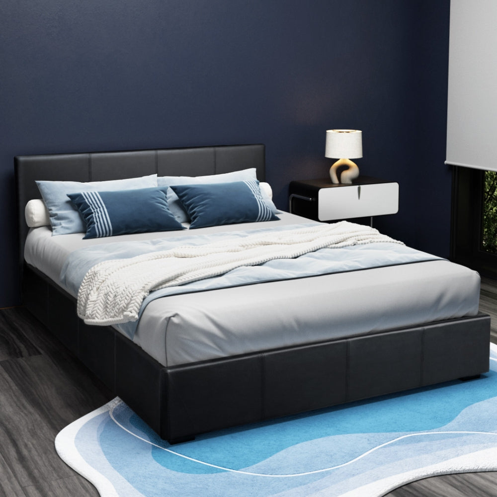 Nino Queen Bed Frame Gas Lift Black PU Leather