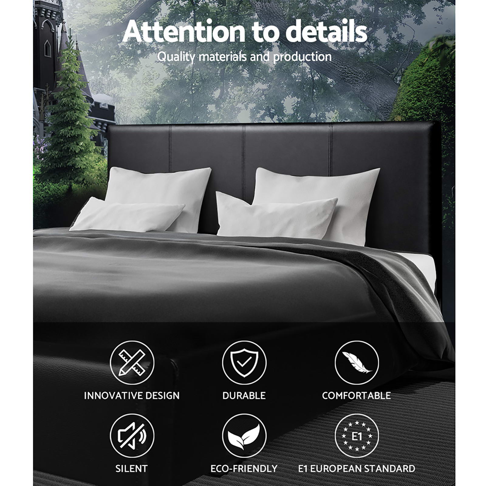 Nino Queen Bed Frame Gas Lift Black PU Leather