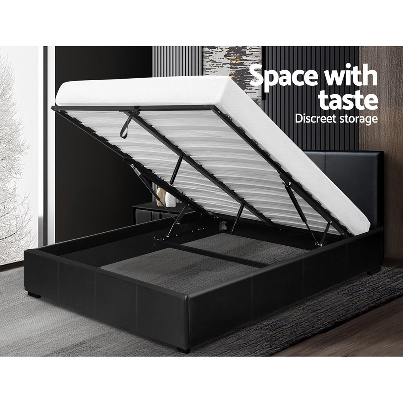 Nino Queen Bed Frame Gas Lift Black PU Leather