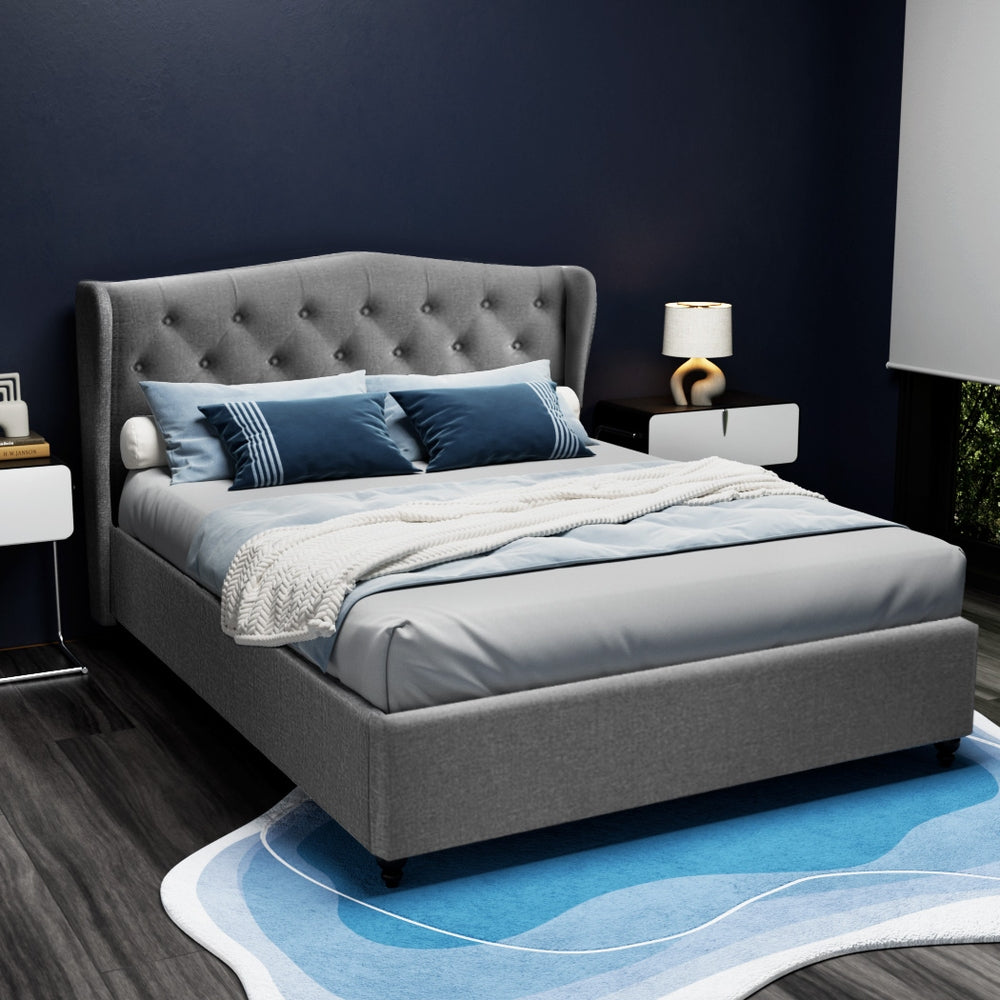 Pier Double Bed Frame Grey Linen Upholstered