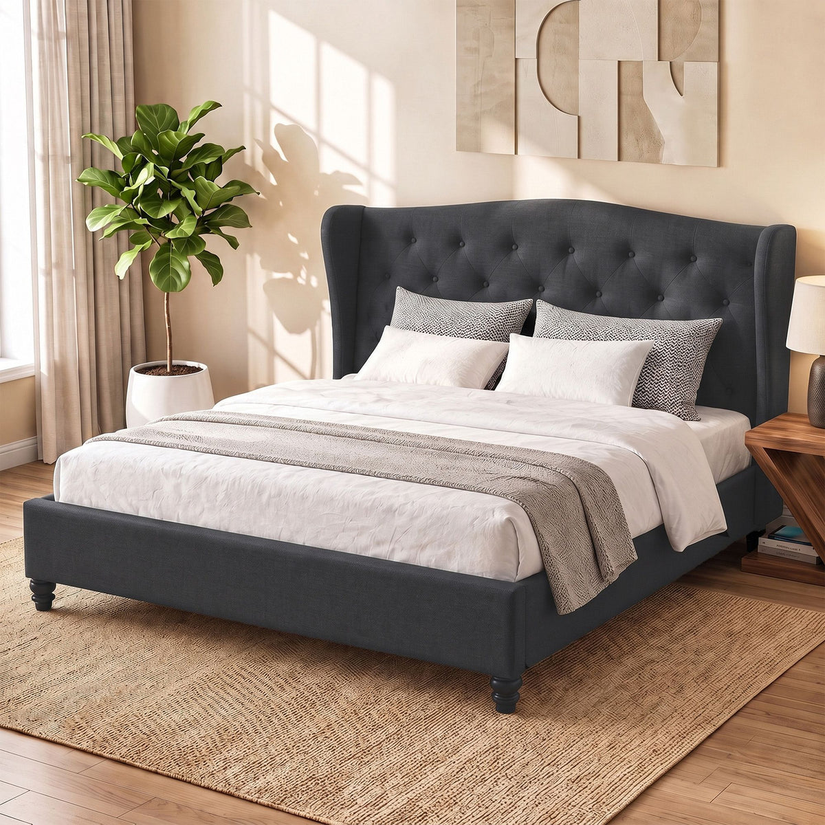 Pier King Size Upholstered Linen Bed Frame Charcoal