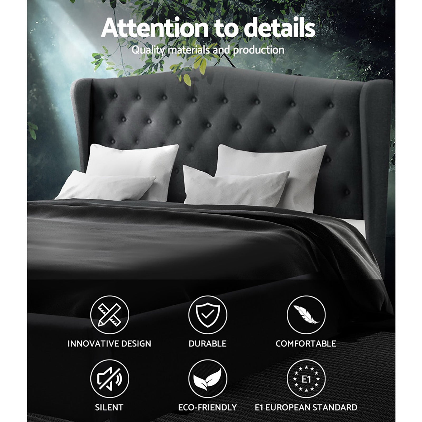 Pier King Bed Frame Charcoal Linen Upholstered