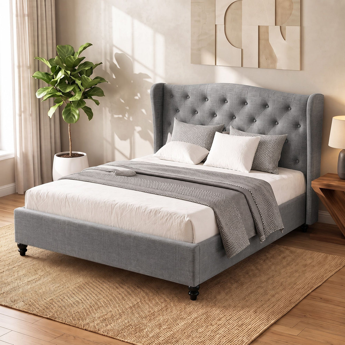 Pier Queen Size Upholstered Bed Frame with Tufted Headboard Grey