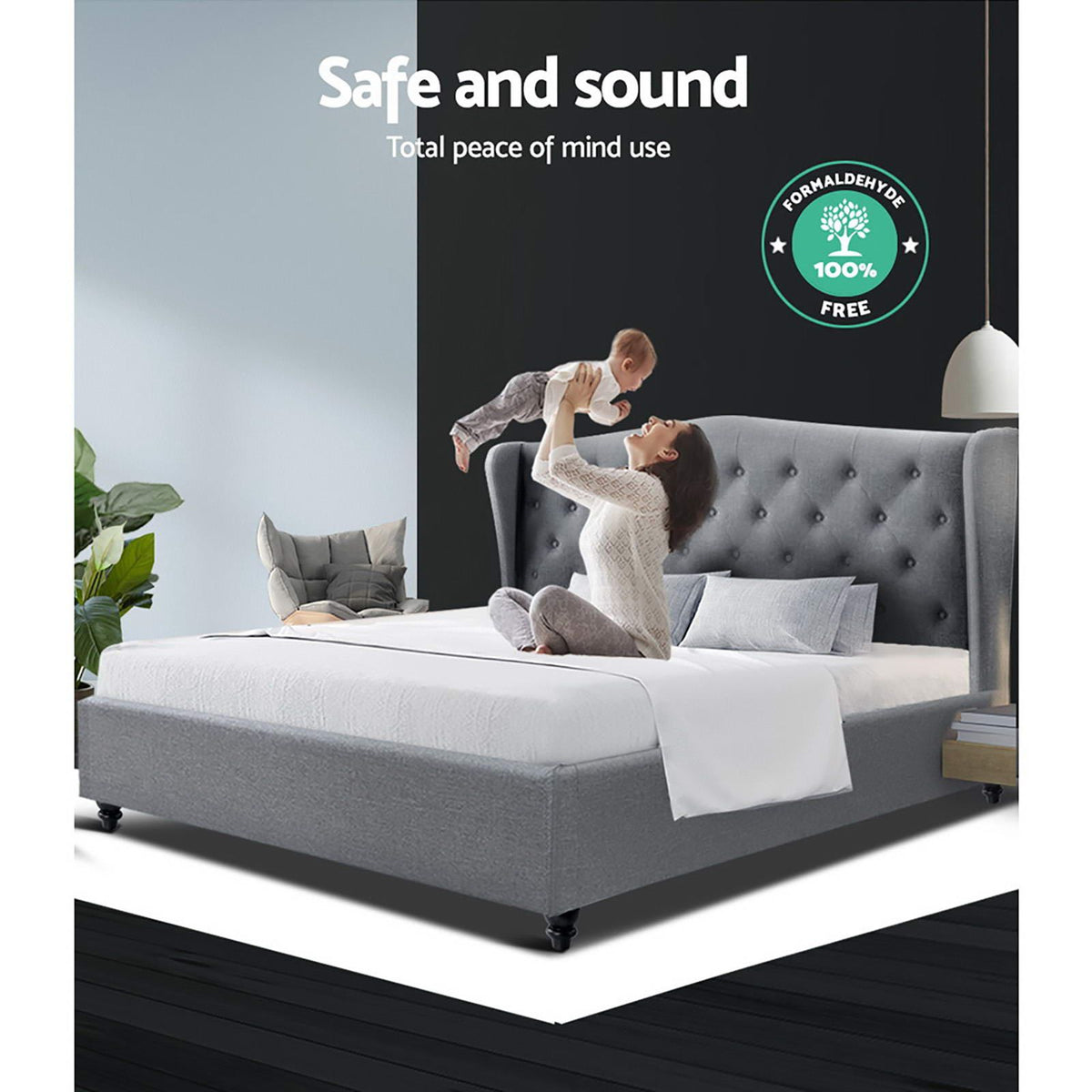 Pier Queen Size Upholstered Bed Frame with Tufted Headboard Grey