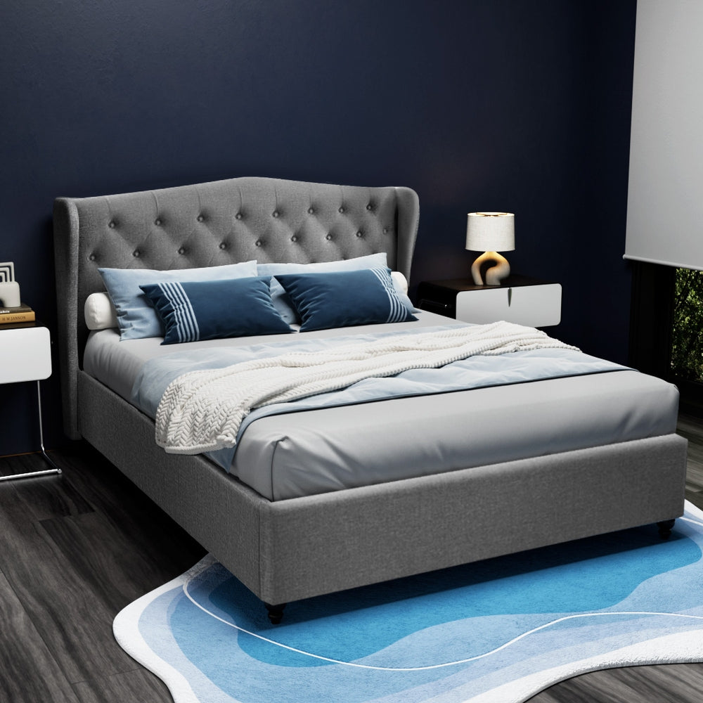 Pier Queen Bed Frame Grey Linen Upholstered