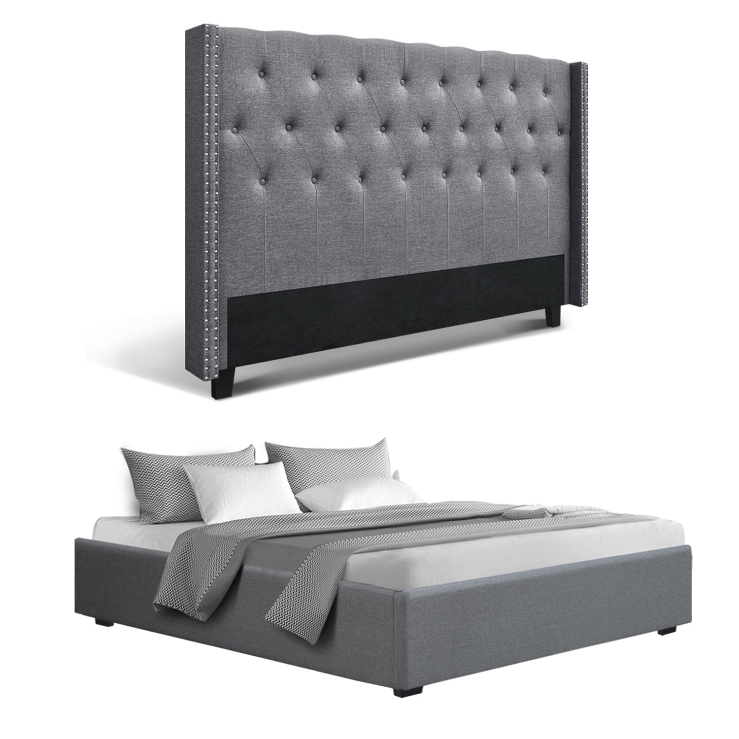 Artiss King Bed Frame Storage Tufted Headboard Gas Lift Base Grey