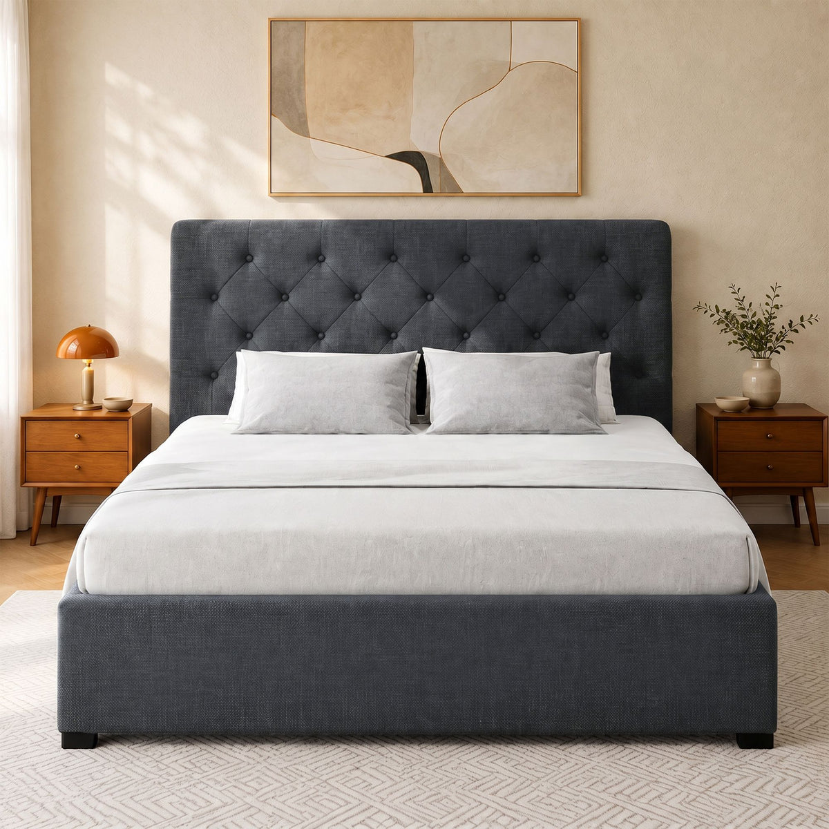 Vila Double Gas Lift Bed Frame in Charcoal Faux Linen