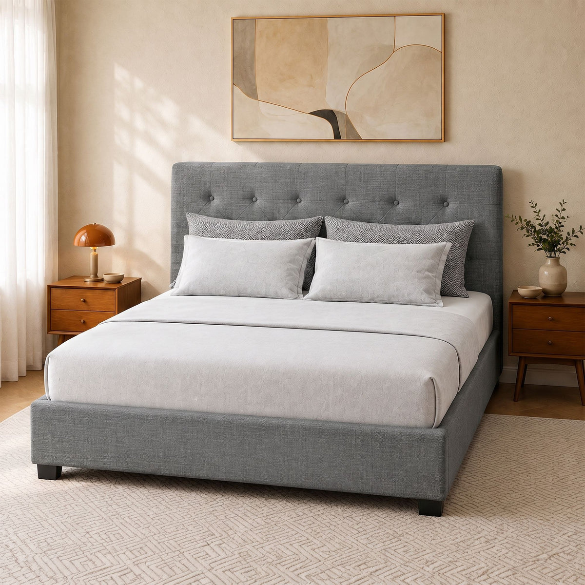 Vila Double Size Gas Lift Bed Frame with Tufted Headboard Grey