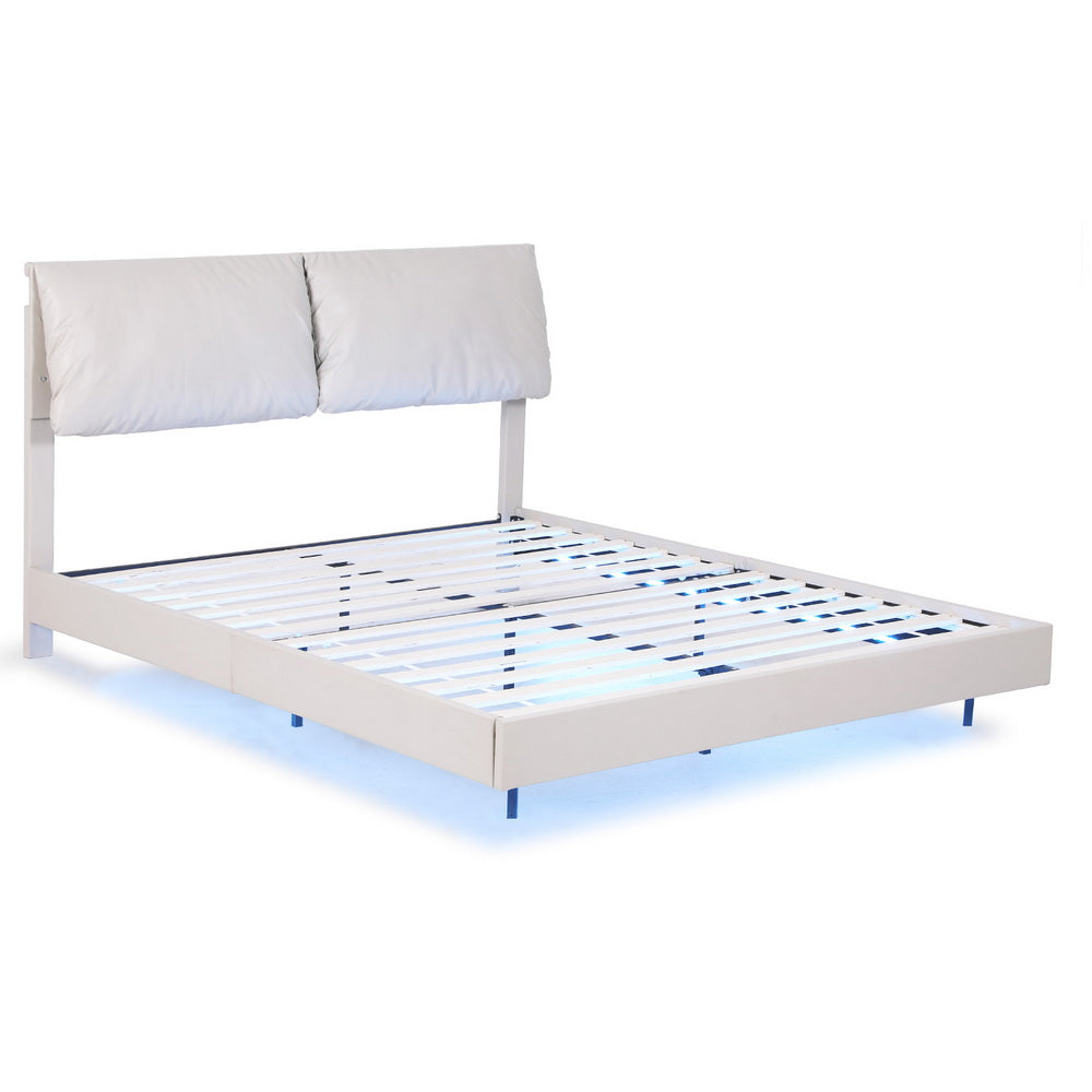 DAYLIGHT Double Bed Frame RGB LED Floating Adjustable Headboard Beige White