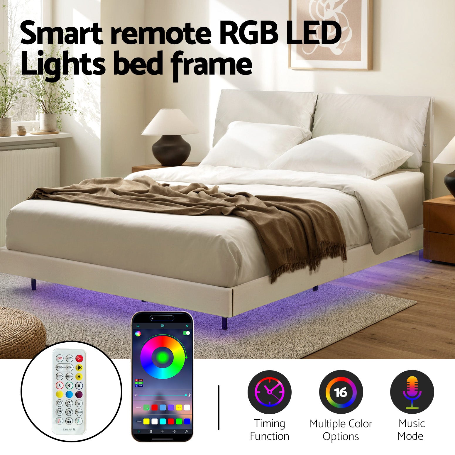 DAYLIGHT Double Bed Frame RGB LED Floating Adjustable Headboard Beige White