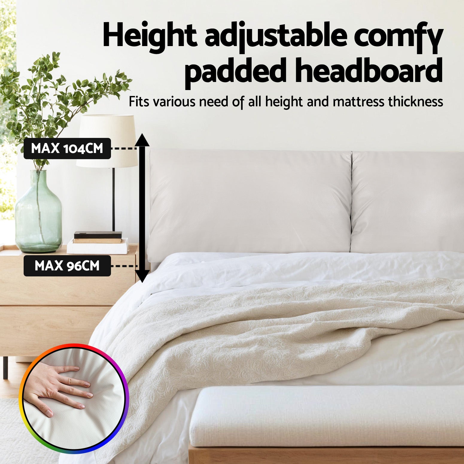 DAYLIGHT Double Bed Frame RGB LED Floating Adjustable Headboard Beige White