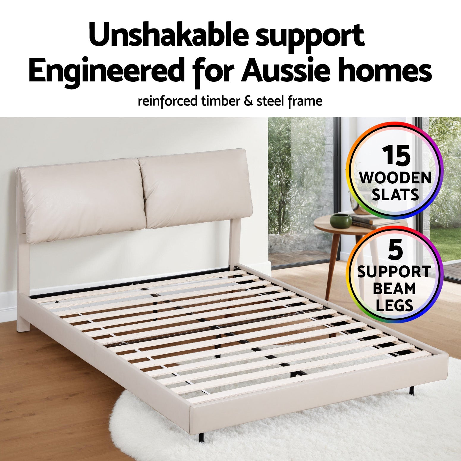 DAYLIGHT Double Bed Frame RGB LED Floating Adjustable Headboard Beige White