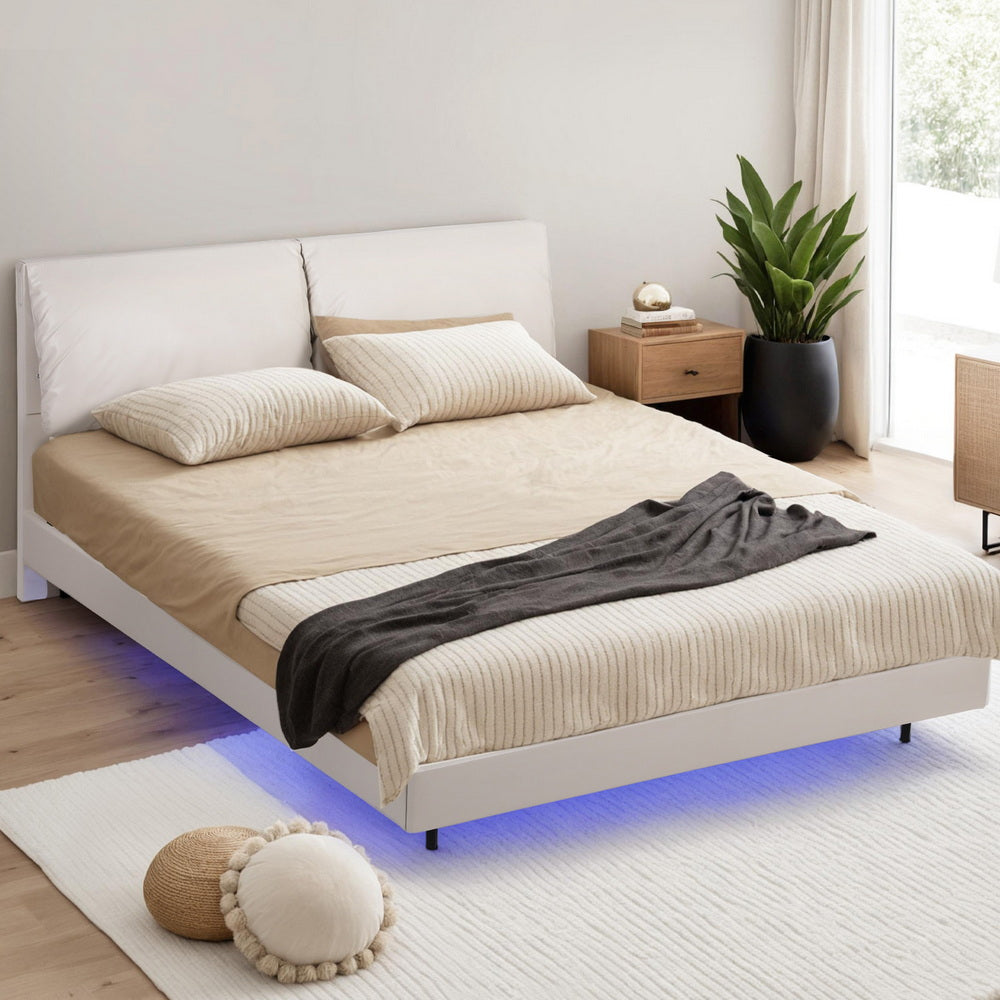 DAYLIGHT Queen Bed Frame RGB LED Floating Adjustable Headboard Beige White