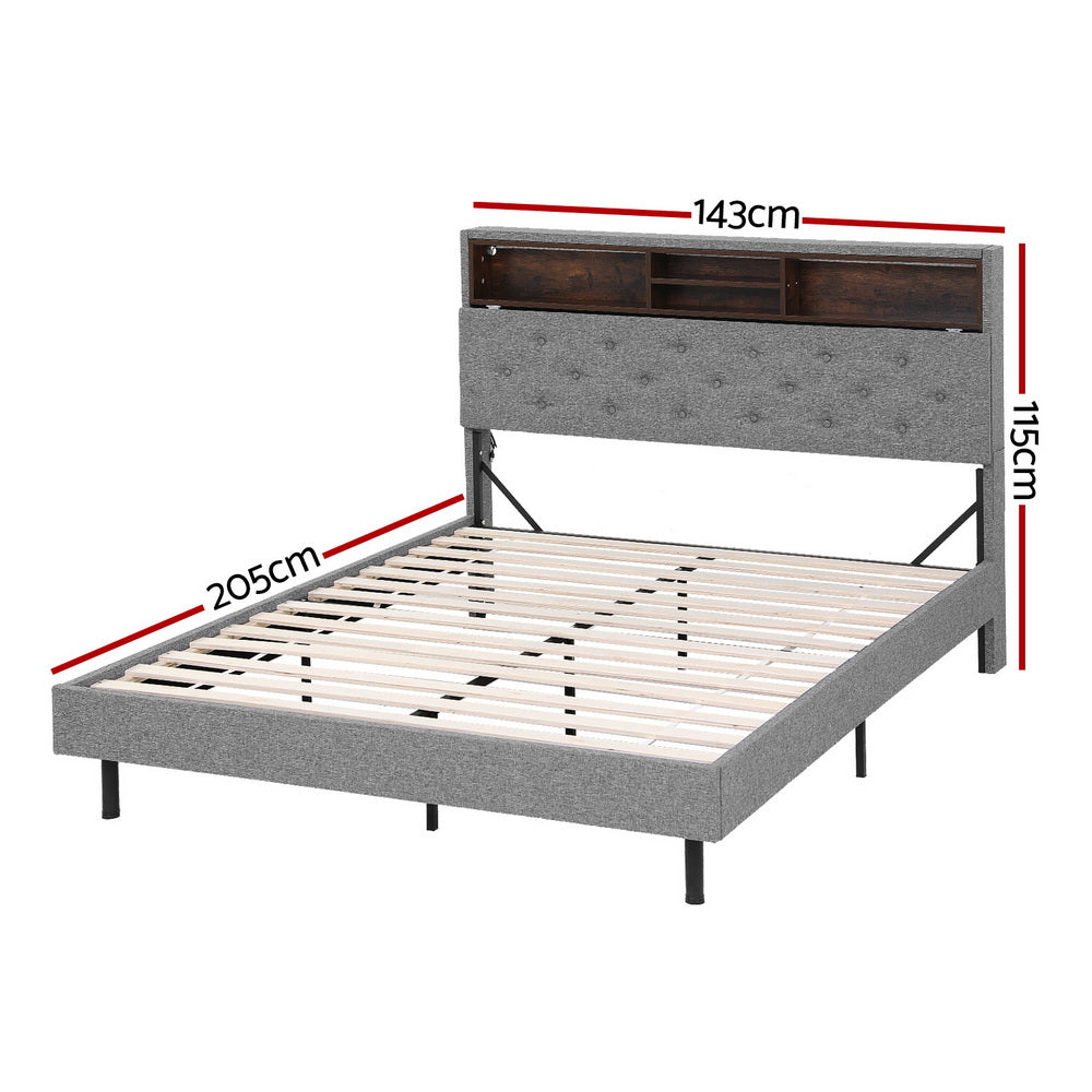 MIDNIGHT Double Bed Frame LED Storage Shelf Grey