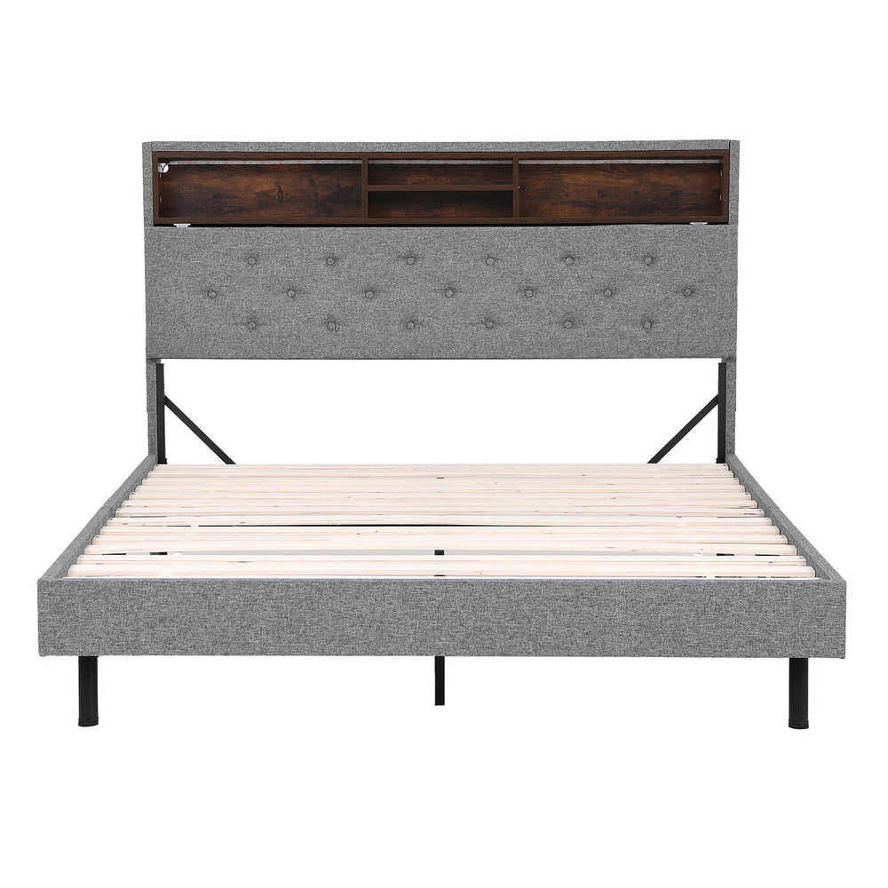 MIDNIGHT Double Bed Frame LED Storage Shelf Grey