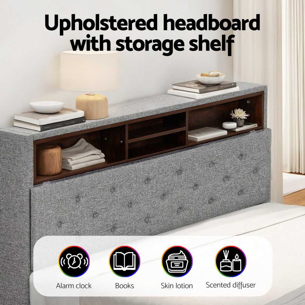 MIDNIGHT Double Bed Frame LED Storage Shelf Grey