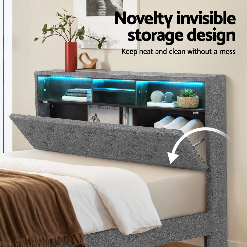 MIDNIGHT Double Bed Frame LED Storage Shelf Grey