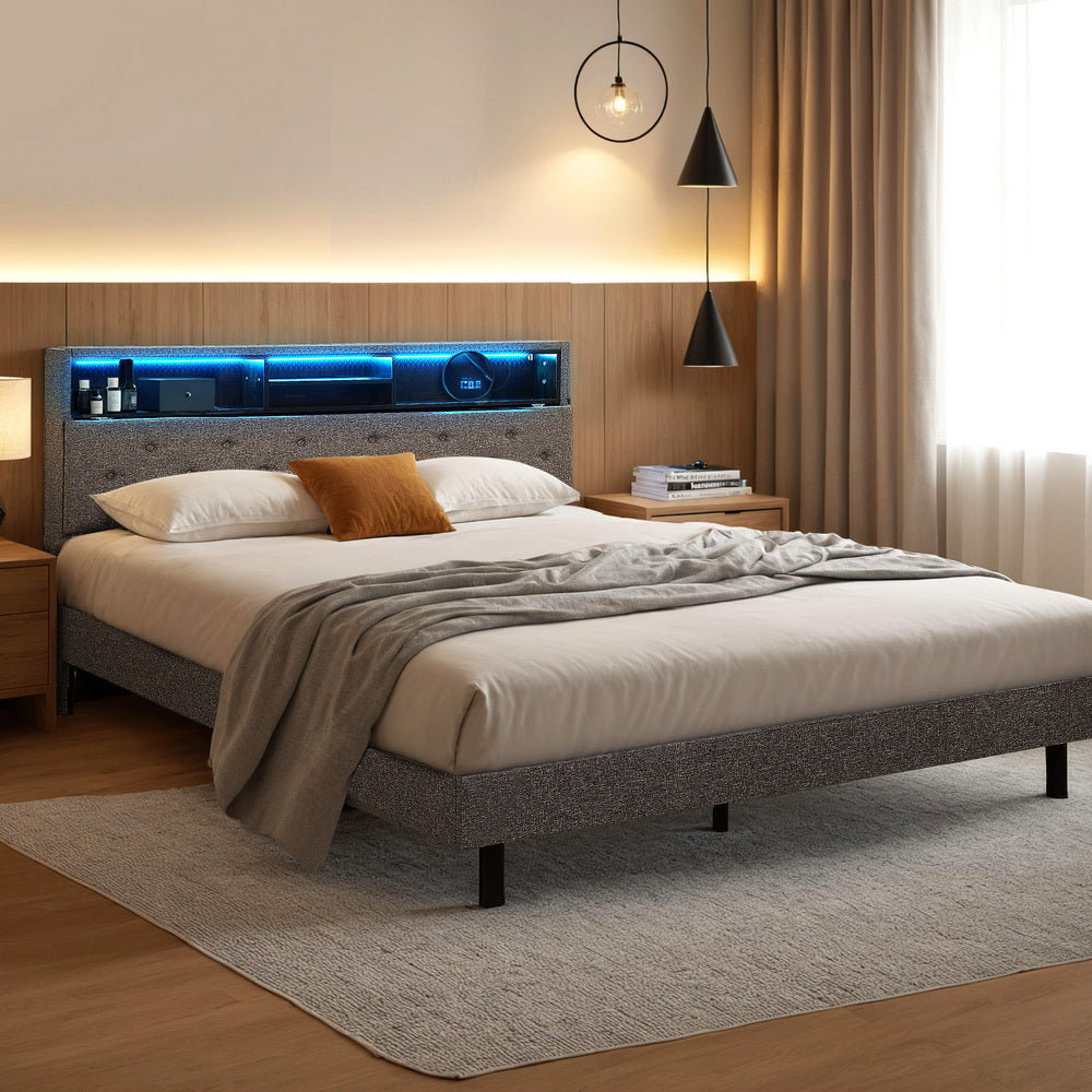 MIDNIGHT Double Bed Frame LED Storage Shelf Grey