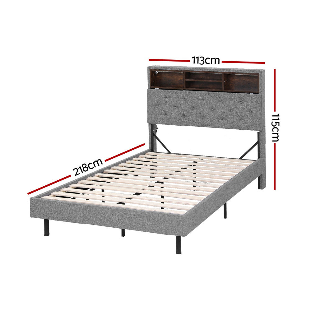 MIDNIGHT King Single Bed Frame LED Storage Shelf Grey