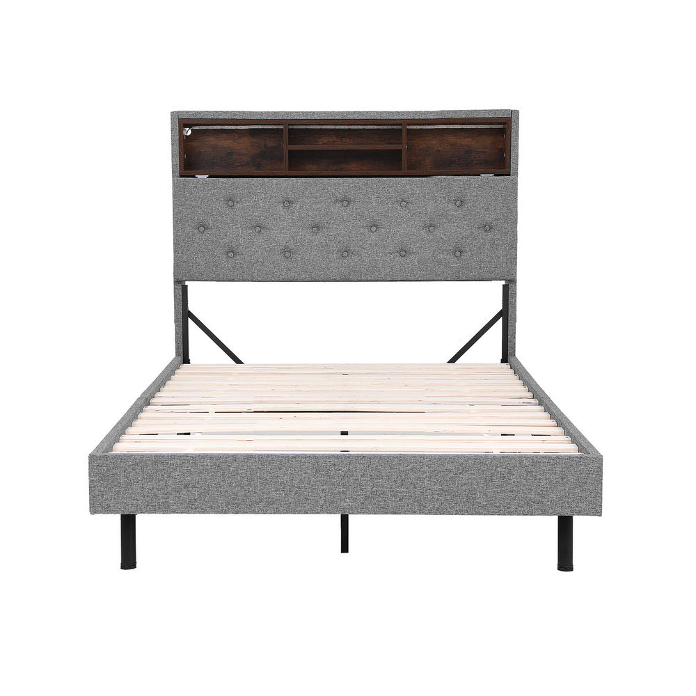 MIDNIGHT King Single Bed Frame LED Storage Shelf Grey