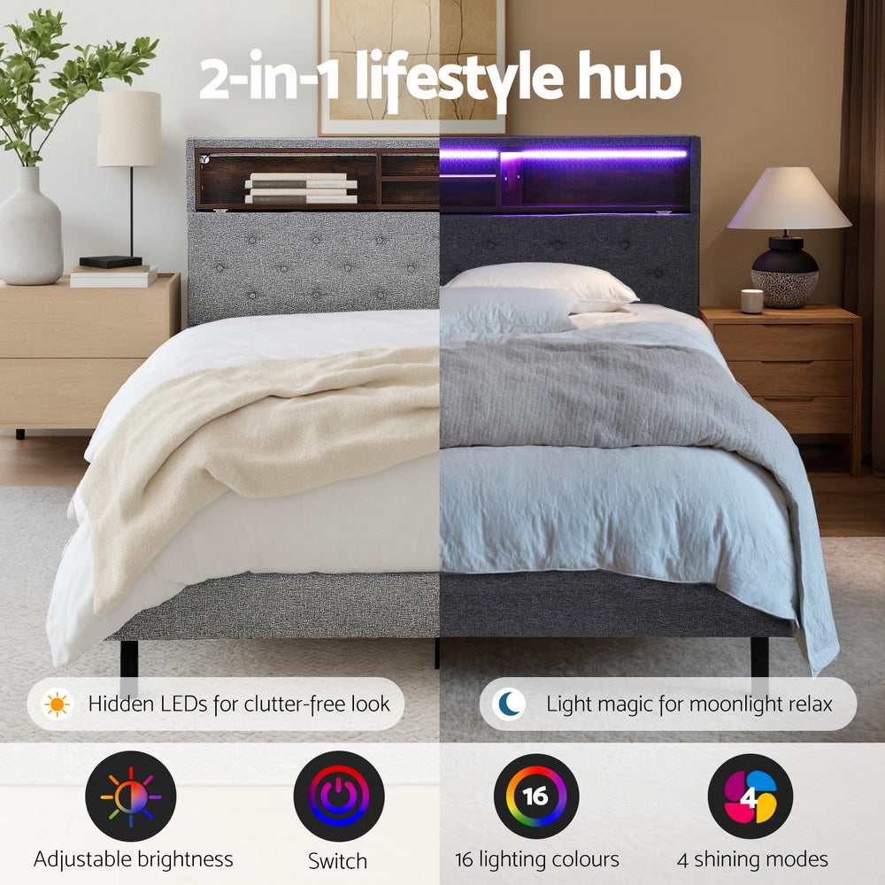 MIDNIGHT King Single Bed Frame LED Storage Shelf Grey