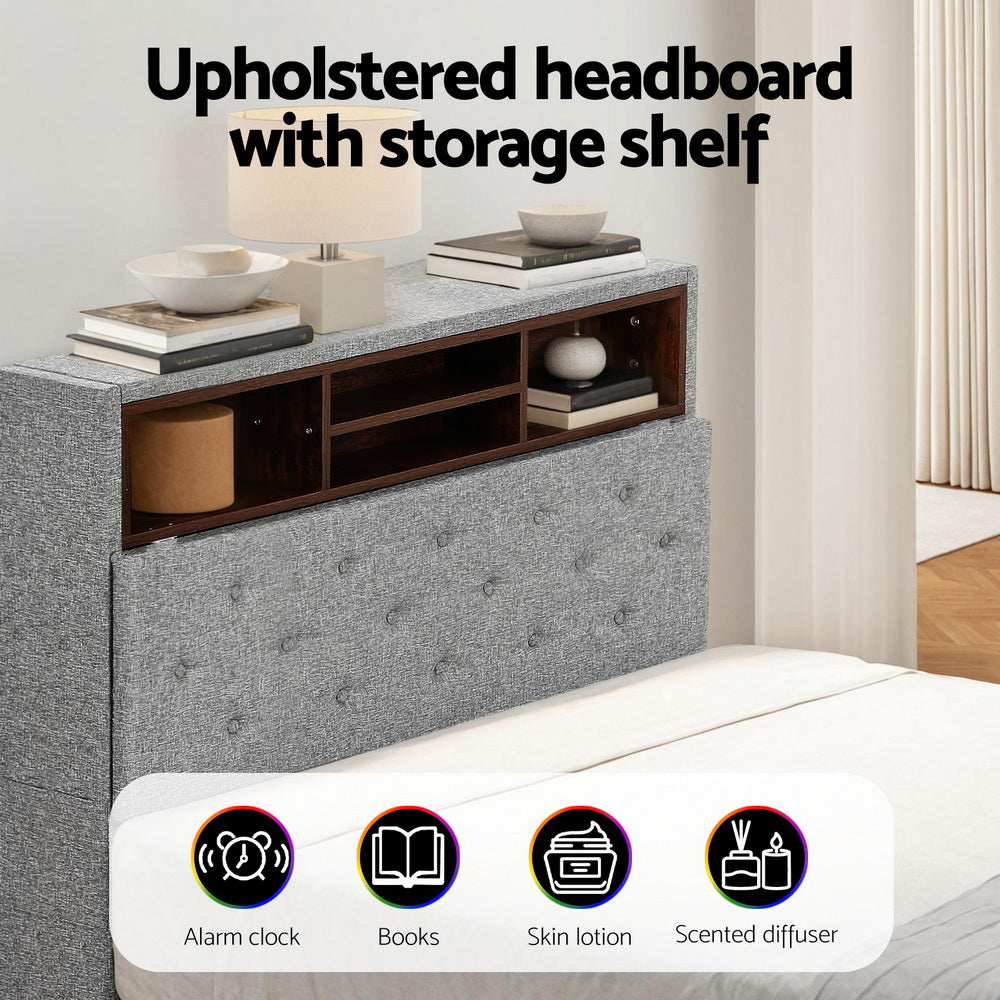 MIDNIGHT King Single Bed Frame LED Storage Shelf Grey