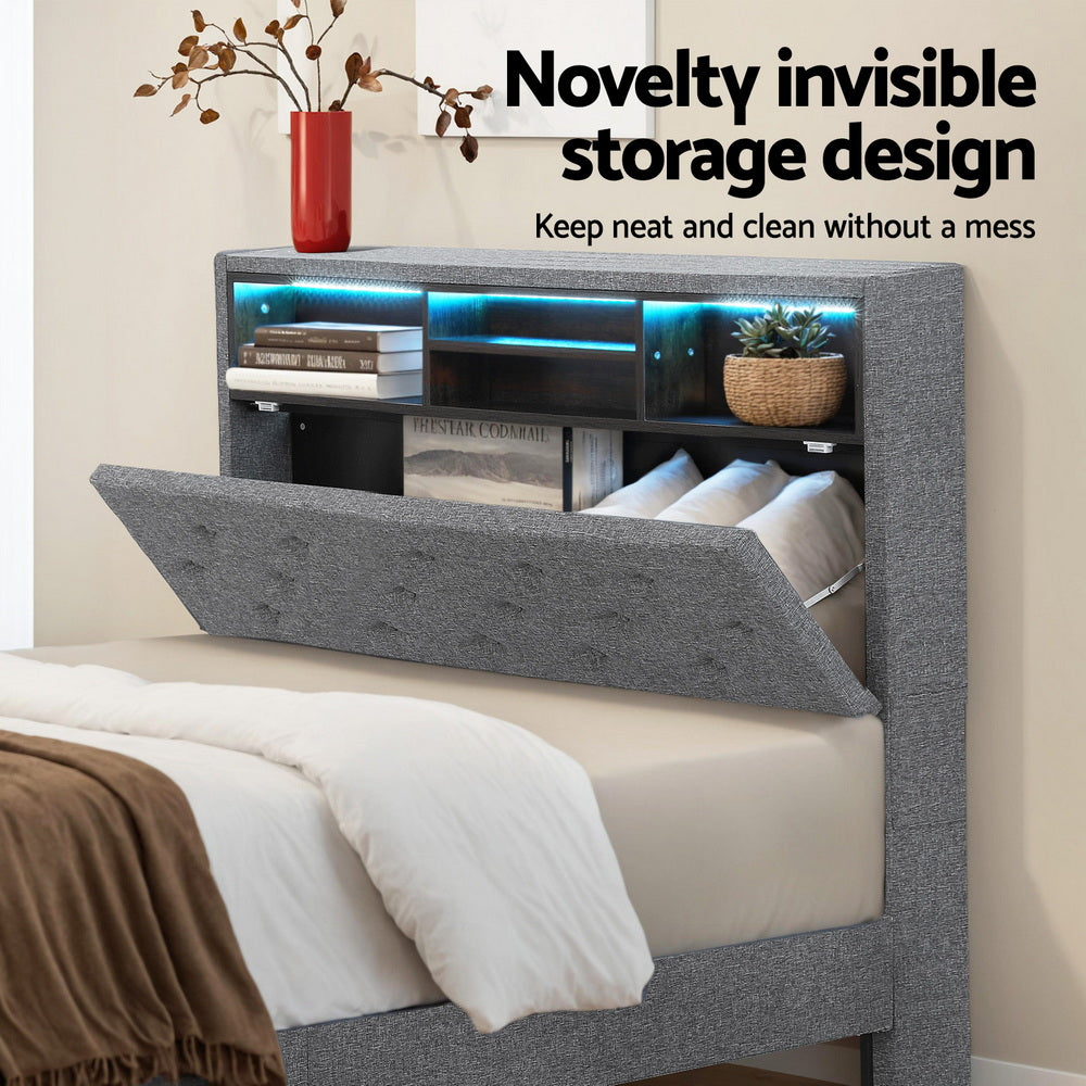 MIDNIGHT King Single Bed Frame LED Storage Shelf Grey