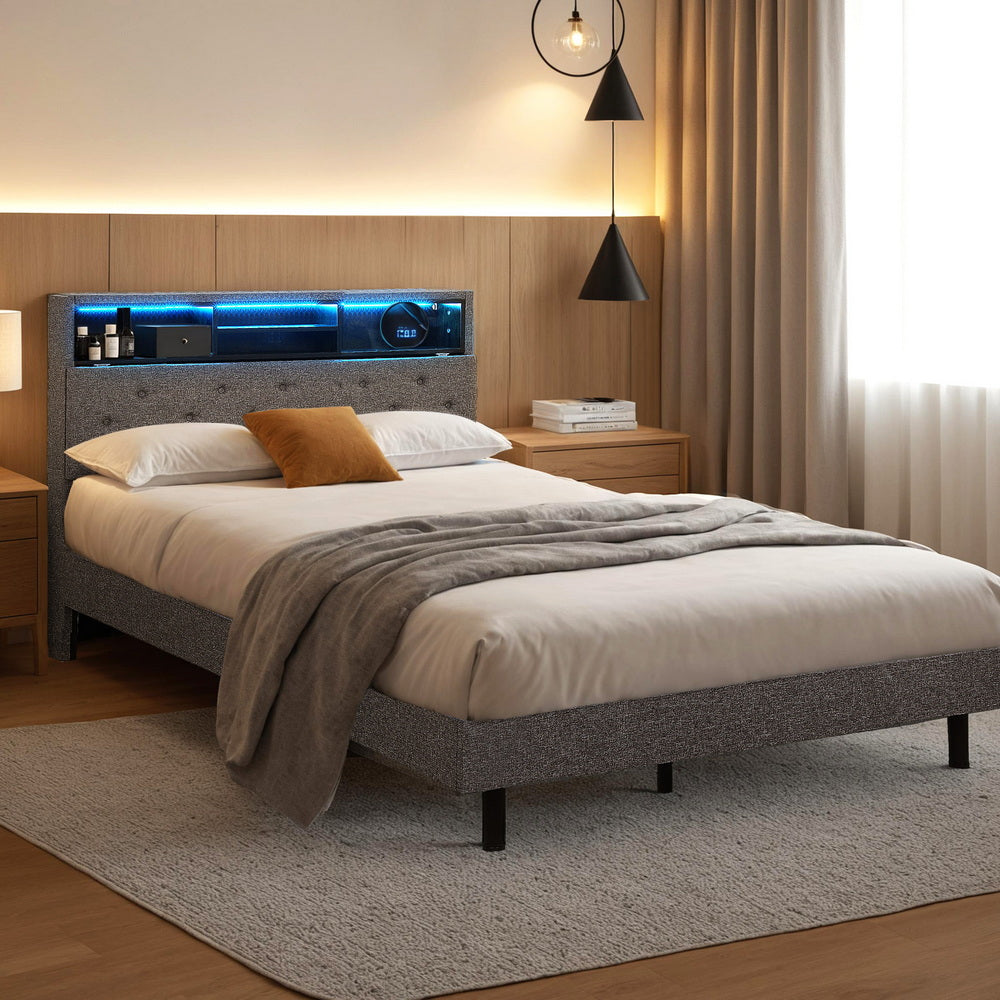 MIDNIGHT King Single Bed Frame LED Storage Shelf Grey