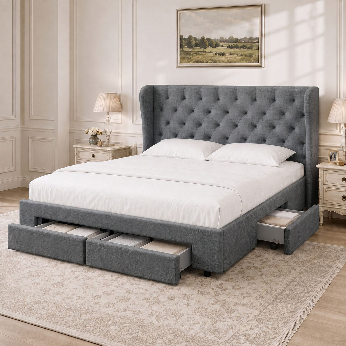 Mila King Size Bed Frame with 4 Drawers Charcoal