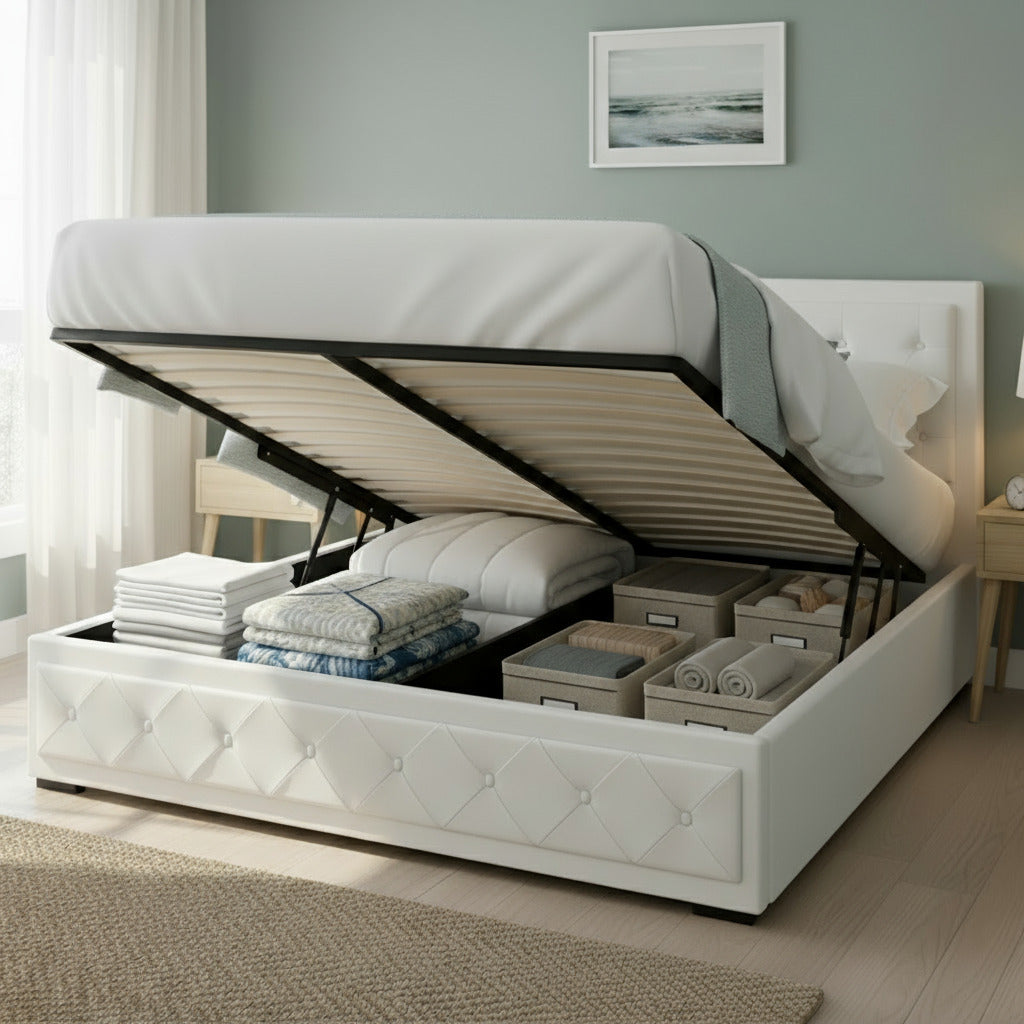Tiyo Queen Gas Lift Bed Frame with Storage, White