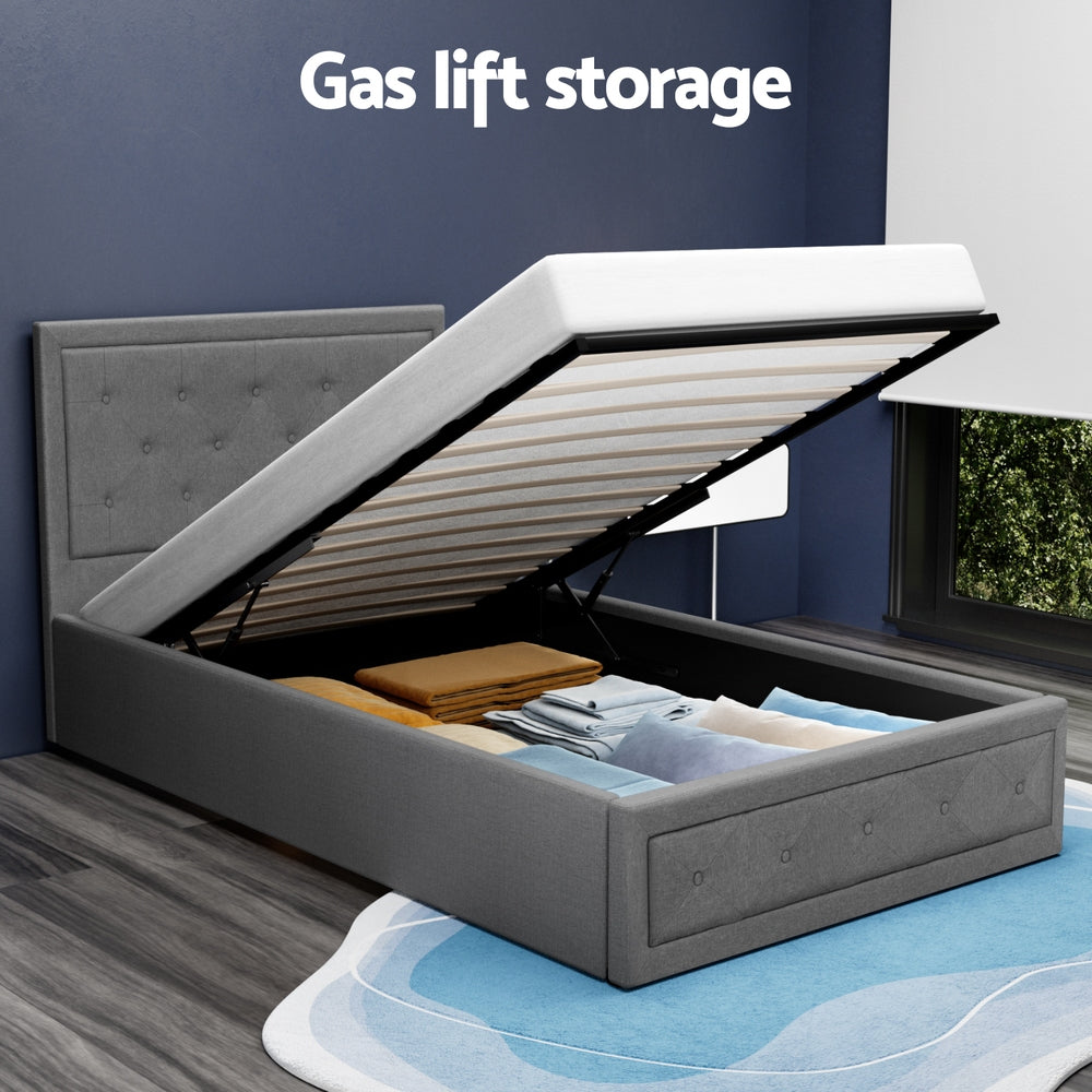 TIYO King Single Bed Frame Gas Lift Storage Wooden Grey