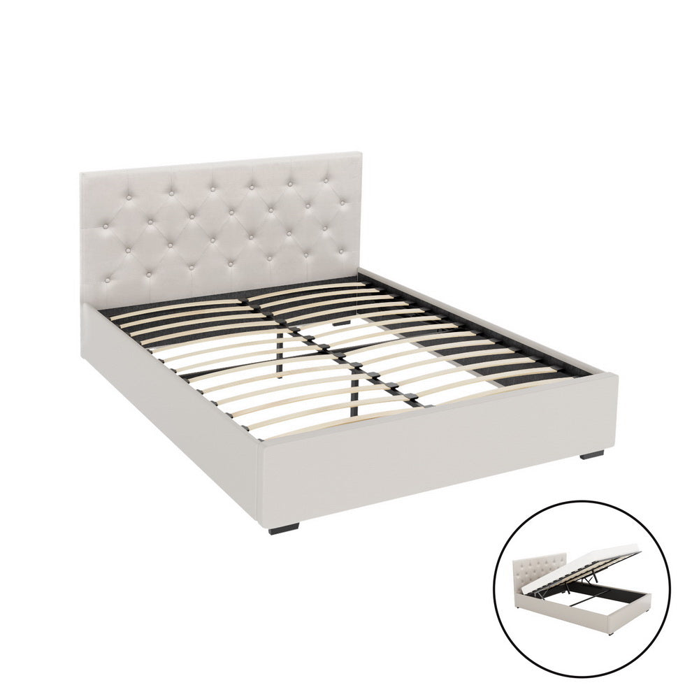 VILA Double Bed Frame Gas Lift Storage Beige