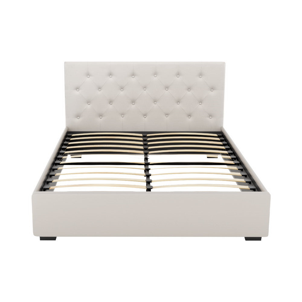 VILA Double Bed Frame Gas Lift Storage Beige