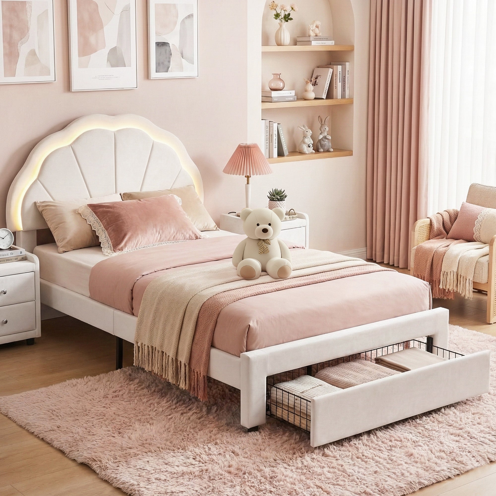 Artiss King Single Bed Frame with Storage Drawer Upholstered Velvet Platform Bed LED Headboard