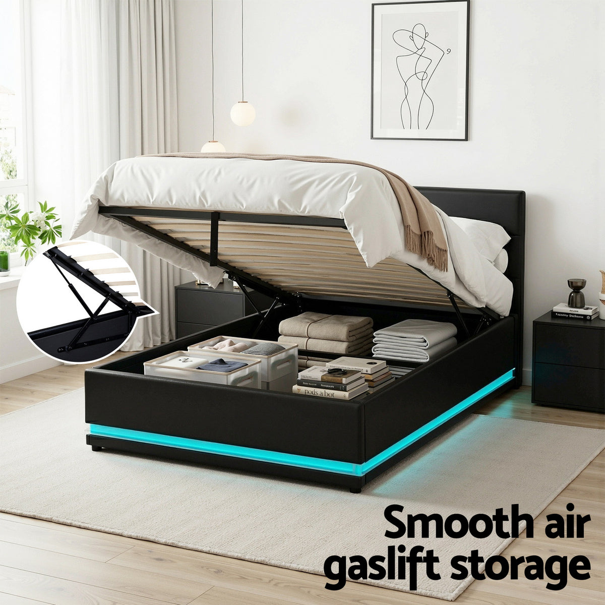 Lumi King Single Gas Lift Bed Frame with LED Black