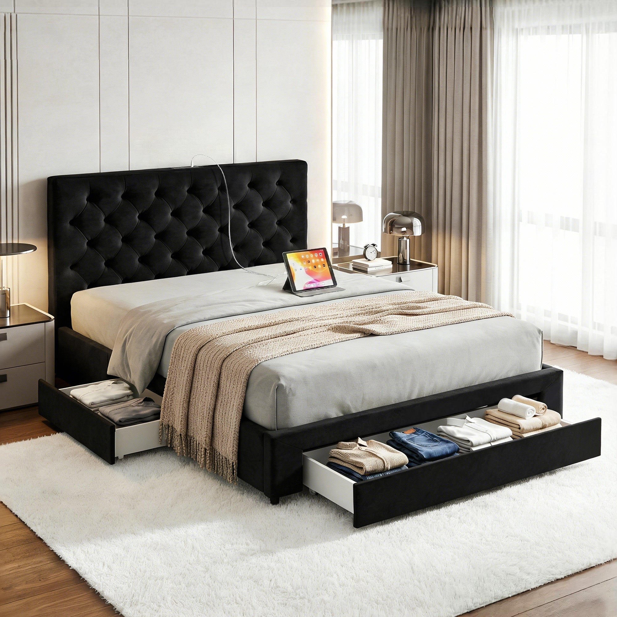 Artiss Double Bed Frame Storage Charging Station Upholstered 3 Drawers USB Type-C