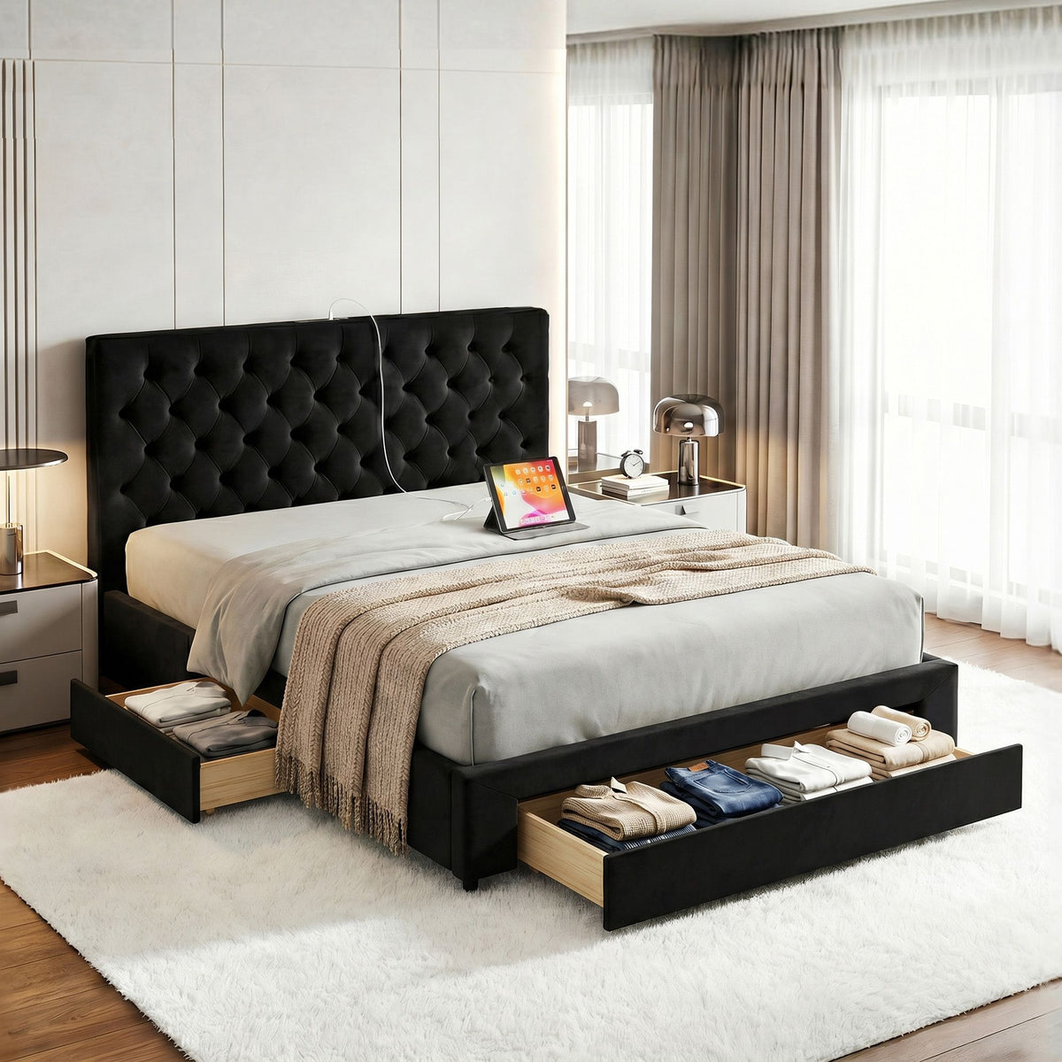 Luna King Upholstered Bed Frame with Drawers and Charging Station