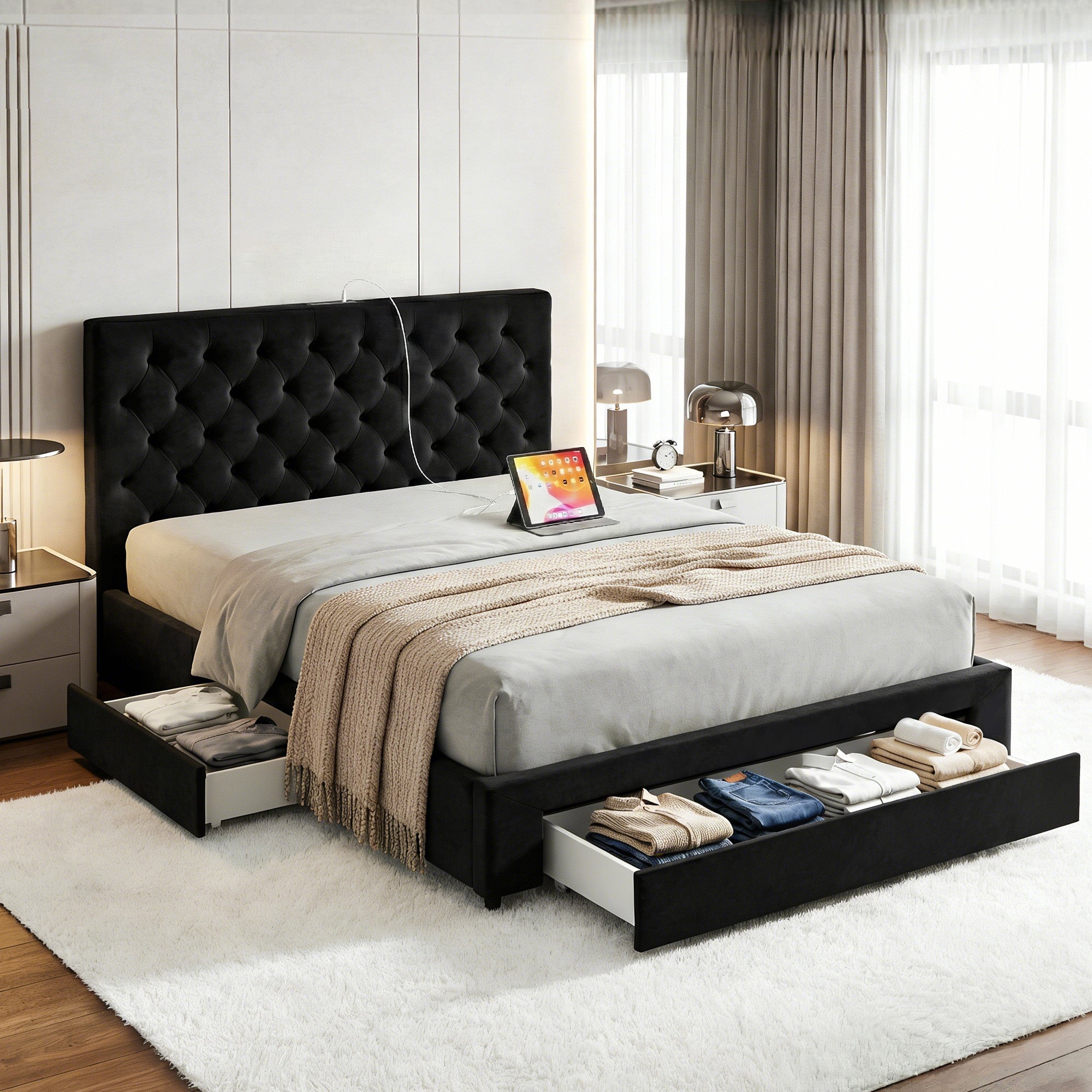 Artiss Queen Bed Frame Storage Charging Station Upholstered 3 Drawers USB Type-C