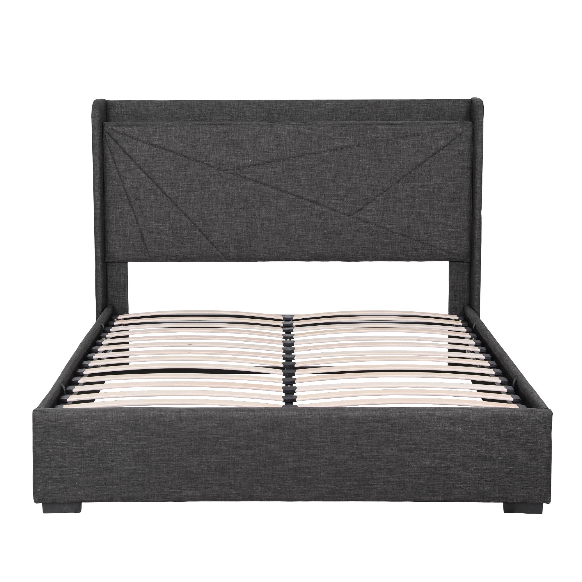 Artiss Double Bed Frame Gas Lift Storage Bed with Charging Ports Upholstered Geometric Headboard Charcoal Grey