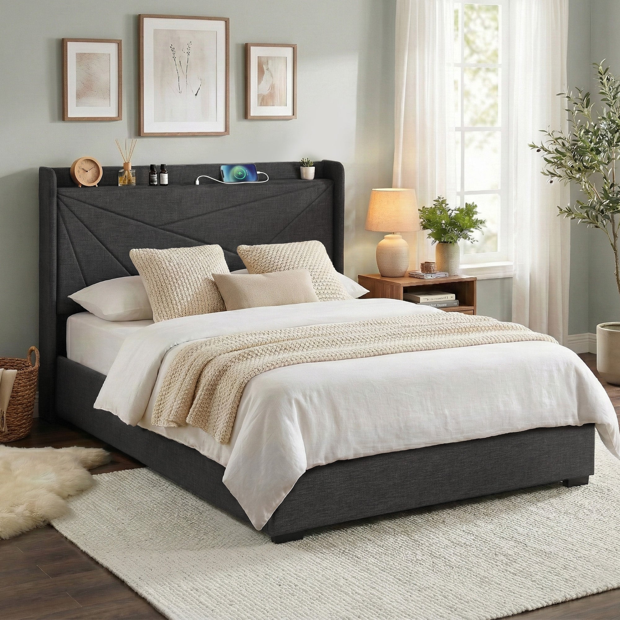 Artiss Double Bed Frame Gas Lift Storage Bed with Charging Ports Upholstered Geometric Headboard Charcoal Grey