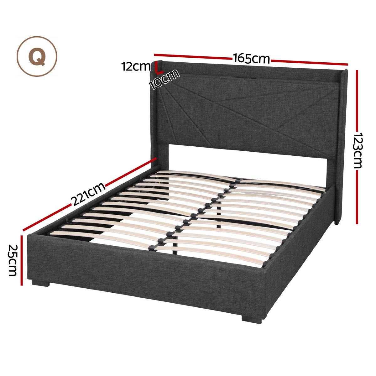 Morfei Queen Bed Frame with Charging Ports Charcoal Grey