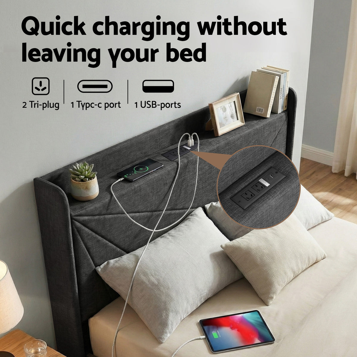 Morfei Queen Bed Frame with Charging Ports Charcoal Grey